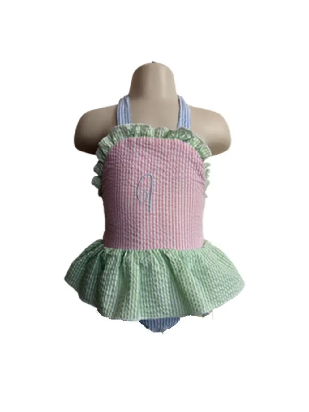 Seersucker Halter Pink, Green, Blue A Monogram Swimsuit Size 6 Months